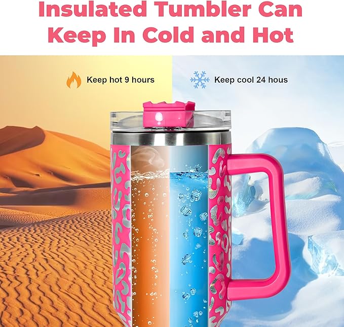 sweet grain 40 oz Tumbler with Handle and Straw - Cheetah Print Stainless Steel Insulated Tumblers, Cupholder Friendly, Perfect Leopard Tumbler Gifts for Women Men - Rose Red