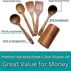 Premium Teak Healthy Spoons, Durable Eco-friendly Spatula, Wooden Utensils Set with Holder & Canvas Bag, Wooden Cooking Gifts for Mom