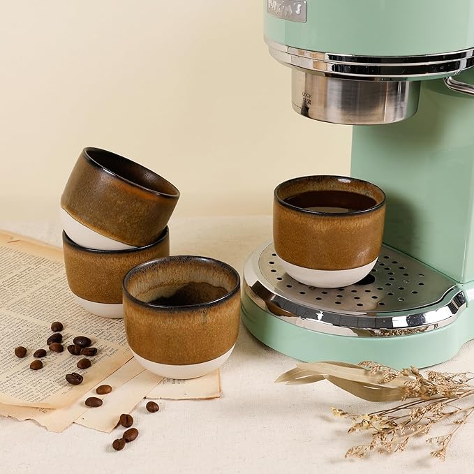Ceramic Espresso Cups Set of 4, Double Walled Espresso Coffee Mugs for Nespresso Cups, Special glazed Demitasse Cups Expresso Coffee Cup for Espresso Machine (Brown)
