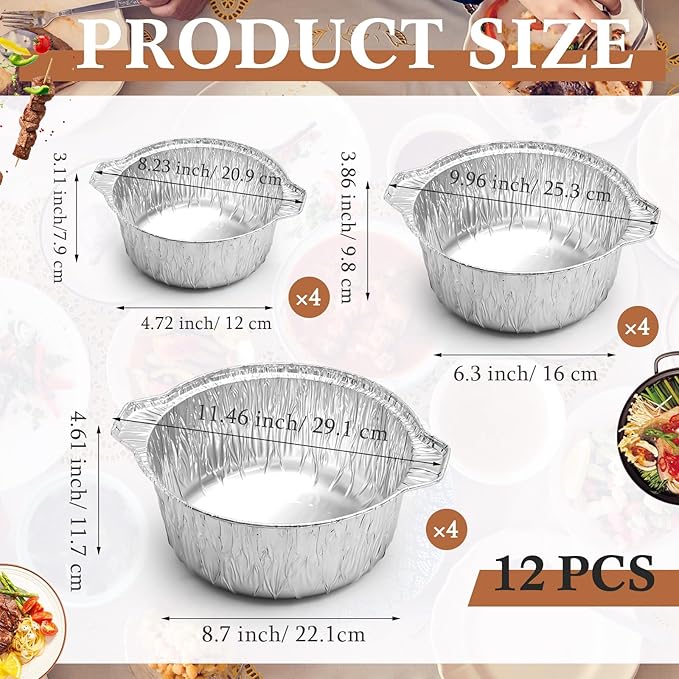 12 Pcs Disposable Aluminum Pot with Lid Round Foil Pans Disposable Cookware Food Container for Vacation Trips Camping Baking Heating Cooking (33.8,67.6,121.7 oz)