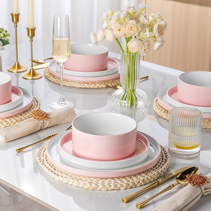 AmorArc Ceramic Plates Set of 6, 8.0 Inch Round Stoneware Salad Plates Use for Dessert, Salad, Appetizer etc,Microwave and Dishwasher Safe, Scratch Resistant Small Deep Dinner Plates-Cloud Pink