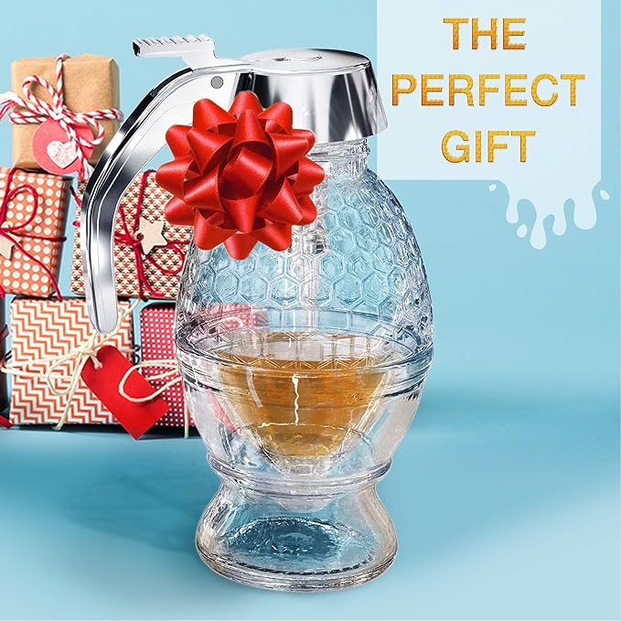 Honey Dispenser – No Drip Glass with Stand – Honey Jar – Clear Glass Honey Container with Dipper 8 Oz – Maple Syrup Dispenser – Honey Pot with Stand – Honey Bottle with Flip Top Lid