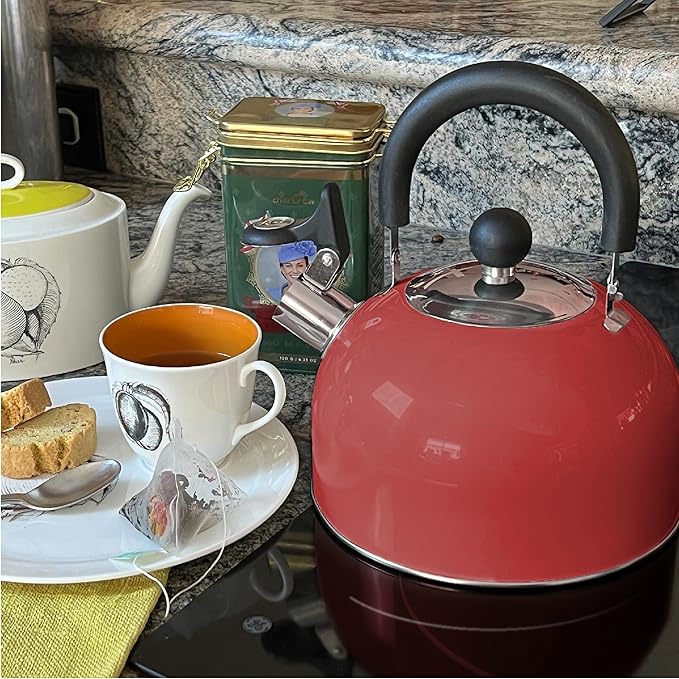 Lily's Home 2 Quart Stainless Steel Whistling Tea Kettle, the Perfect Stovetop Tea and Water Boilers for Your Home, Dorm, Condo or Apartment. (Pastel Red)