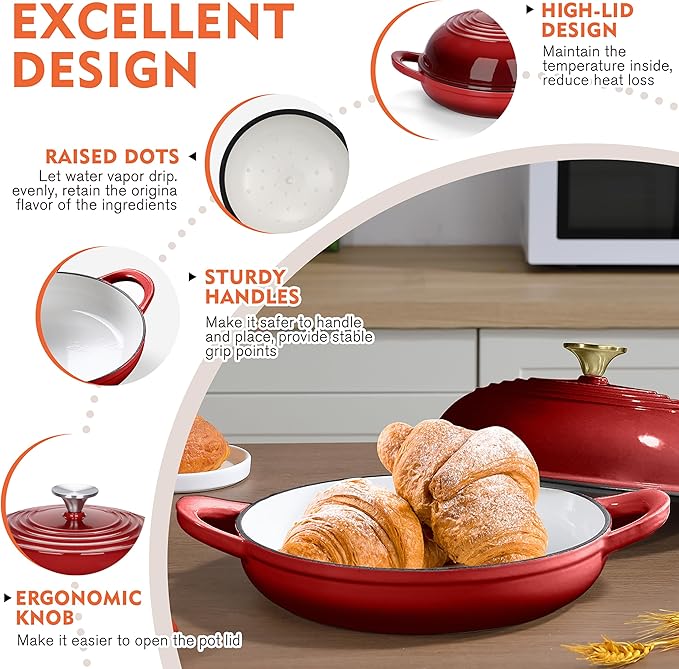 Enameled Round Cast Iron Bread Oven, 6 Qt Cast Iron Dutch Oven for Homemade Sourdough Bread Baking, Bread Dome Pot with Cloche Lid (Red)
