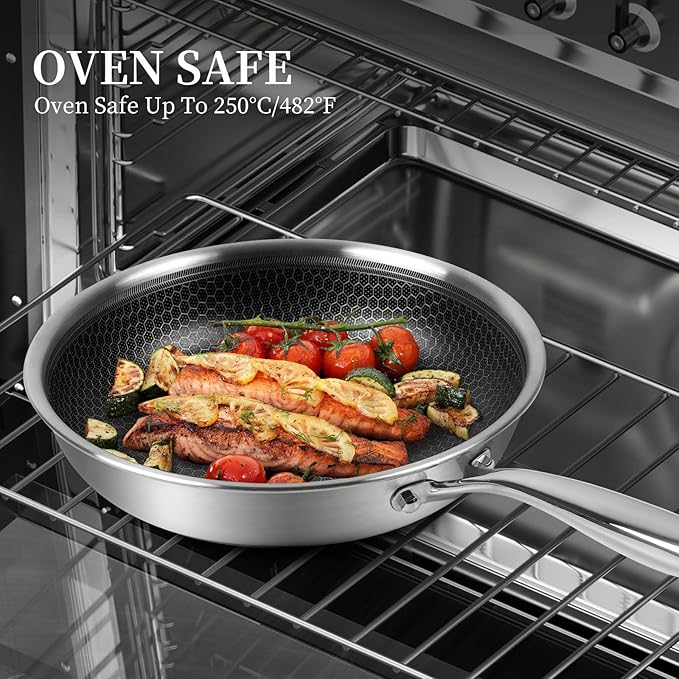 Innerwell Tri-Ply Stainless Steel Frying Pan Set with Lid,9.5Inch 11Inch Nonstick Honeycomb Stainless Steel Cooking Pan Set of 2 Skillet Works Pan for Cooking with Induction Gas Stovetops