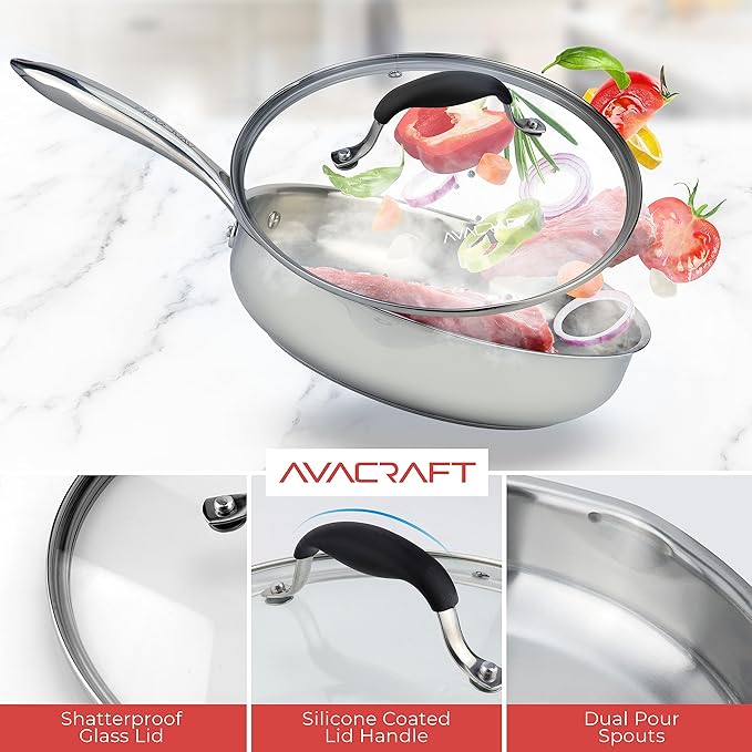 AVACRAFT 18/10 10 Inch Stainless Steel Frying Pan with Lid, Side Spouts, Induction, Versatile Stainless Steel Skillet