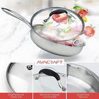 AVACRAFT 18/10 10 Inch Stainless Steel Frying Pan with Lid, Side Spouts, Induction, Versatile Stainless Steel Skillet