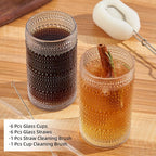 16oz Hobnail Drinking Glasses Set of 6, Vintage Large Capacity Embossed Clear Tumblers, Highball Glasses for Water, Cocktail, Beer, Whiskey, Juice & Bar Use