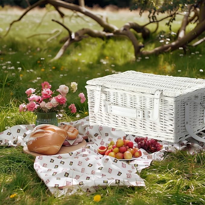 Picnic Basket Set for 4 with Waterproof Blanket Mat Insulation Bag Wicker White Green Plaid Fresh Cottagecore Gift for Wedding Birthday Summer Camp Outdoor Camping Christmas Thanksgiving