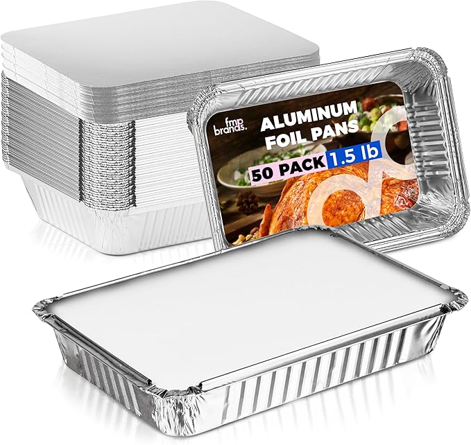 Fit Meal Prep 50 Pack 1.5 lb Aluminum Foil Pans with Lids, Disposable Take Out Food Containers with lids for Freshness and Spill Proof, 8.75 x 6.25 x 1.5 Disposable Cookware for Catering, Restaurants