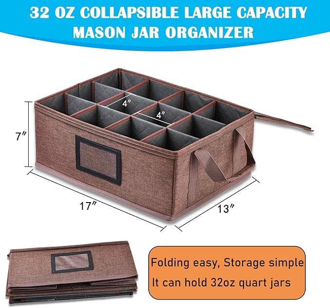 32 oz Mason Jar Storage Containers - Sturdy Canning Jar Boxes Organizer, Foldable with Dividers, Holds 12 Quart Mason Jars, Home Canning Supplies (2 Pack Quart)