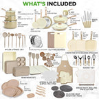 NutriChef 75-Piece Non-Stick Pots and Pans Set, Complete Ceramic Cookware Set with Bakeware, Utensils, Knife Set, & Accessories, Stain-Resistant, Food-Grade Safe, Cream/Brown