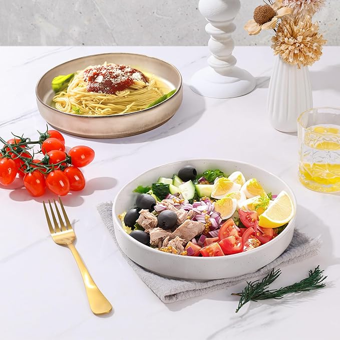 E-far Pasta Bowls Set of 4, 30oz Shallow Salad Bowls for Dinner Serving, 8.25" Stoneware Ceramic Bowl Plates for Noodle Soup, Microwave & Dishwasher Safe, Reactive Glaze, Assorted Colors