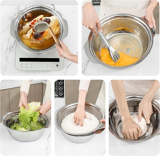 304 Stainless Steel Microporous Colander with Handle, Rice Washers Microporous Strainer Set For washing vegetables, fruits and rice, and draining cooked pasta(2.5QT with handle-Gold)