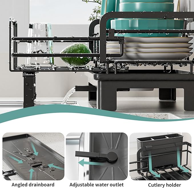 Small Dish Drying Rack - Extendable Dish Rack for Kitchen Counter, Rustproof Dish Drainers with Utensil Holder, Perfect for Apartments, RVs and Small Spaces,16.5" D x 7.5"-12.5" W x 6.5" H