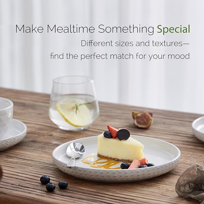 Stoneware Dinnerware Sets Service for 4, 12 pcs Reactive Glaze Plates and Bowls Sets, Embossed Boho Ceramic Dish Set, Highly Chip and Crack Resistant Farmhouse Plate Set, Ivory White