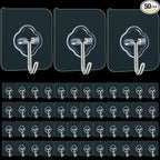 Adhesive Wall Hooks for Hanging, 50 Pack Heavy Duty Stainless Self Sticky Hooks, Waterproof and Rustproof Clear Self Adhesive Utility Hooks for Bathroom Kitchen Office Outdoor Inside Wardrobe Towel