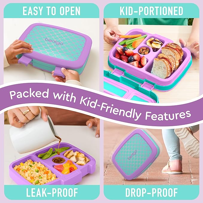 Bentgo Kids Prints Leak-Proof, 5-Compartment Bento-Style Kids Lunch Box - Ideal Portion Sizes for Ages 3-7, Durable, Drop-Proof, Dishwasher Safe, & PFAS & BPA-Free Materials (Mermaid Scales)