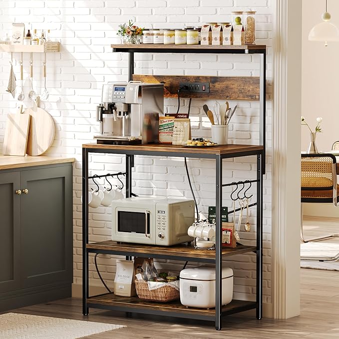 SUPERJARE Bakers Rack with Power Outlets, Microwave Stand, 31.5 X 16.5 Inch Larger Desktop, Kitchen Storage Rack with Adjustable Middle Shelf, 6 S-Shaped Hooks, Coffee Bar Stand, Rustic Brown