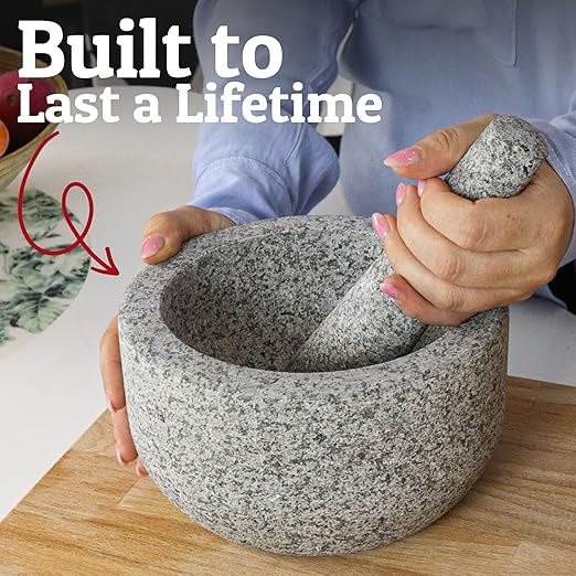 Priority Chef Heavy Duty Extra Large Mortar and Pestle Set, 4 Cup, Hand Carved from Natural Granite, Make Fresh Guacamole, Salsa, Pesto, Stone Grinder Bowl, Herb Crusher, Spice Grinder, Grey