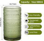 16oz Hobnail Drinking Glasses Set of 12, Vintage Large Capacity Embossed Green Tumblers, Highball Glasses for Water, Cocktail, Beer, Whiskey, Juice & Bar Use