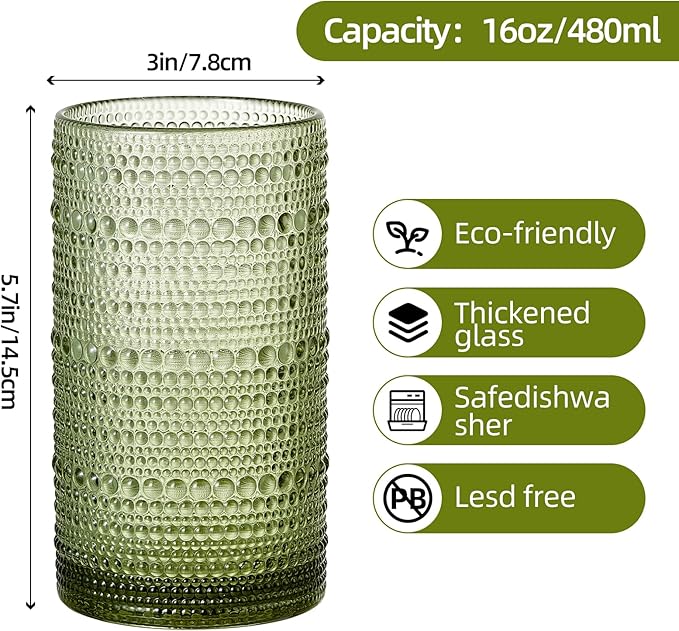 16oz Hobnail Drinking Glasses Set of 12, Vintage Large Capacity Embossed Green Tumblers, Highball Glasses for Water, Cocktail, Beer, Whiskey, Juice & Bar Use