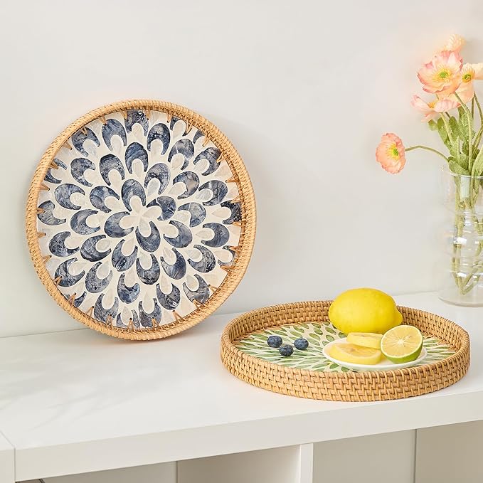 Round Rattan Tray for Home Decor 11.8 inch, Modern and Boho Decor Serving Tray with Mother of Pearl Inlay, Wicker Basket for Coffee Table, Hand Woven Decorative Tray Plates (Black)