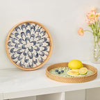 Round Rattan Tray for Home Decor 11.8 inch, Modern and Boho Decor Serving Tray with Mother of Pearl Inlay, Wicker Basket for Coffee Table, Hand Woven Decorative Tray Plates (Black)