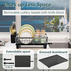 Iron Dish Drying Rack with Drainboard Dish Drainers for Kitchen Counter Extendable Spout Strainers with Utensil Holder and Knife Slots, Grey