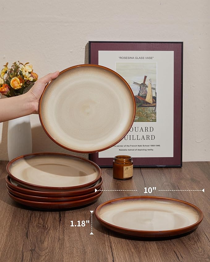 10 Inch Dinner Plates Set of 6, Stoneware Round Salad Dessert Plates, Serving Plates, Microwave & Dishwasher Safe, Brown and Yellow