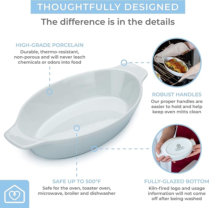 Heartland Home Porcelain Mini Casserole Dish Oval (6pc Set). Cauliflower Au Gratin Baking Dish, Banana Split Bowls, Single Serving, Small Individual