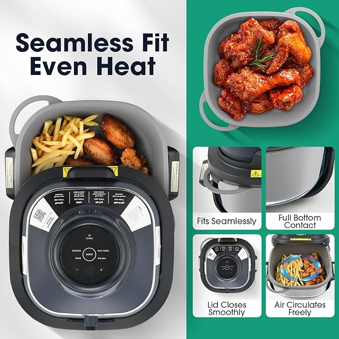 Silicone Air Fryer Liners for Ninja FN101GY Crispi Glass Basket – 4QT 6QT Reusable Nonstick Containers with Heat Mat and Oil Brush