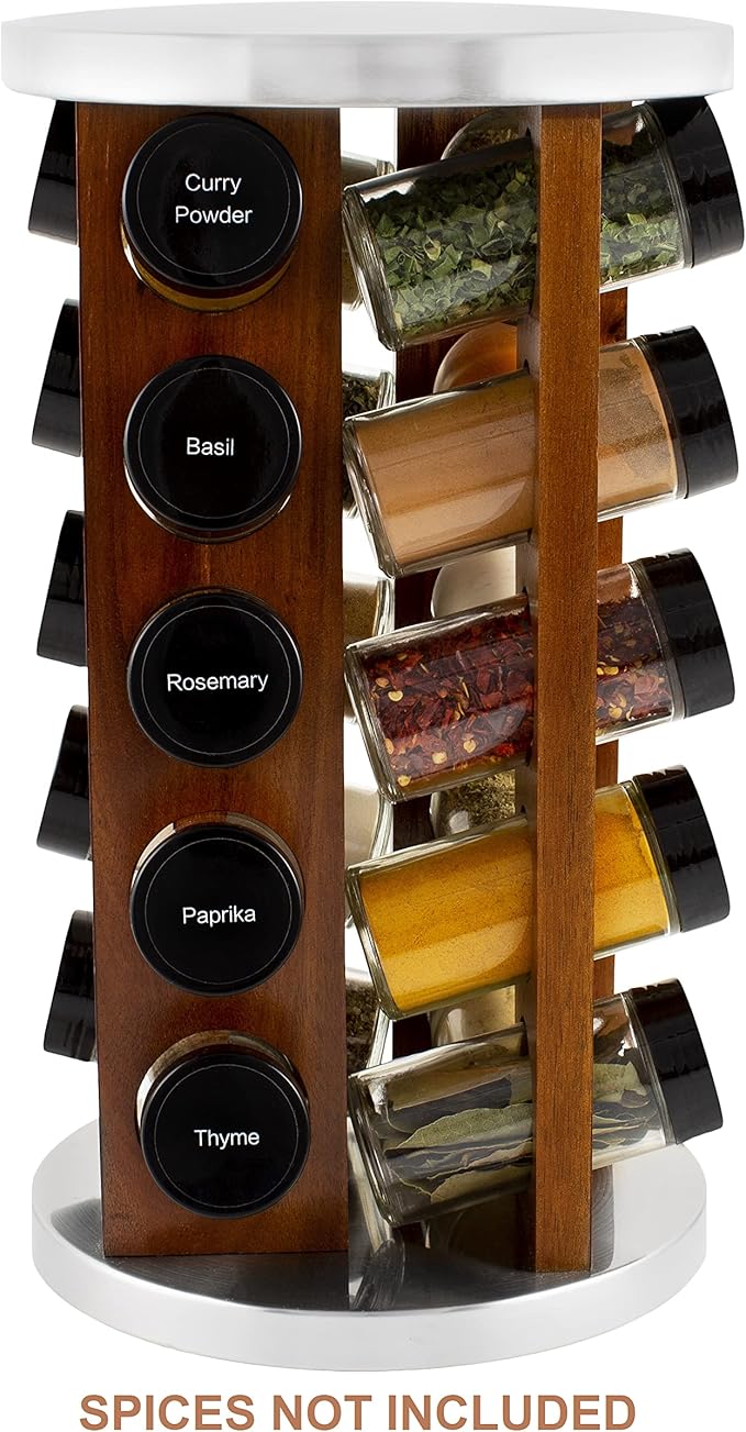 Orii Dark Acacia Wood Spice Rack with 20 EMPTY jars with Black Plastic Lids and FREE Stainless Steel Funnel & Labels