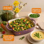 Bruntmor 2-in-1 Square Enamel Cast Iron Dutch Oven Baking Pan with Handles, Purple Baking Pans Set with Cast Iron Skillet, Braising Pan for Casserole Dish with lid, Oven Safe