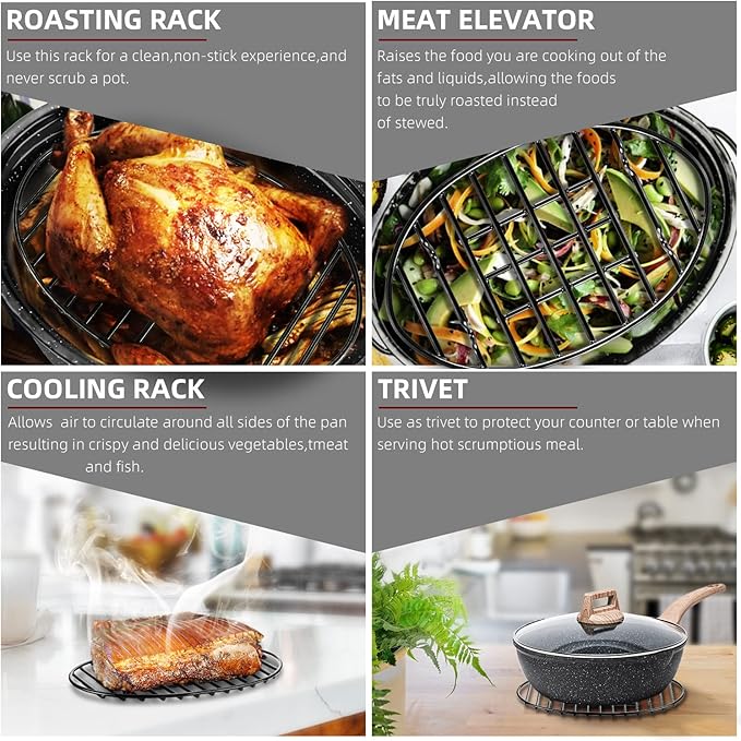 Roasting Rack, Black with Integrated Feet, Enamel Finished, Nonstick, fit for 13 inches oval roasting pan, safety, dishwasher, Great for Basting, Cooking, Drying, Cooling rack.(10”x 6.5”)
