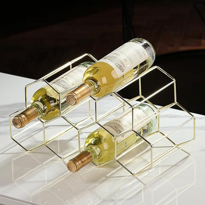 Countertop Wine Rack - 9 Bottle Freestanding Modern Gold Metal Small - 2 Tier Tabletop Wine Holder Stand for Cabinet, Pantry - Wine Racks Countertop - No Assembly Required