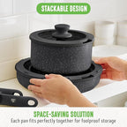 GreenLife 10 Piece Nonstick Pots & Pans Set, Detachable Handle & Stackable Cookware Set, Non Toxic PFAS-Free Skillets, Induction Kitchen Pans, Space Saving, Serving Bowls, Oven Safe, Granite Black