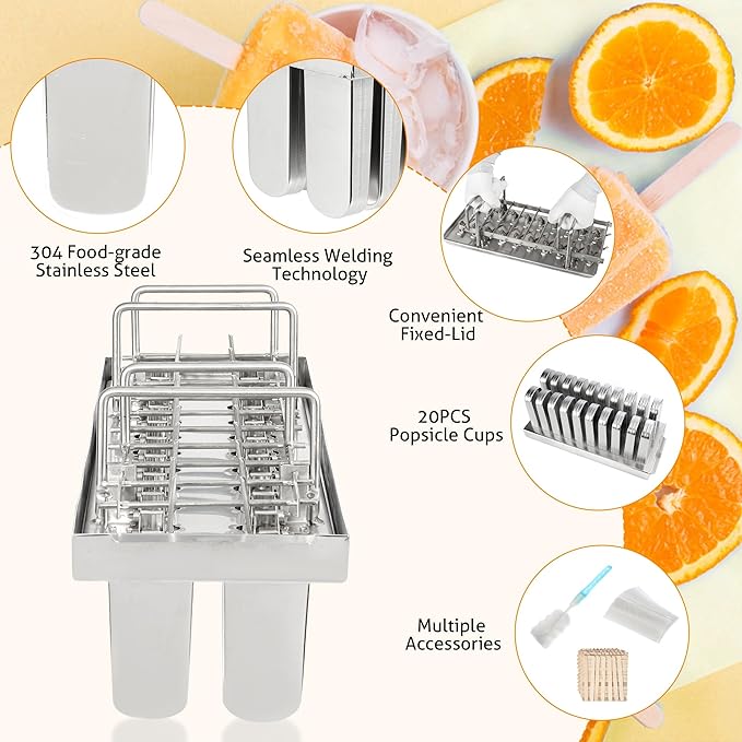 WICHEMI Stainless Steel Popsicle Molds Commercial Ice Pop Molds 20PCS Ice Lolly Popsicle Mould Ice Cream Maker Mold Stick Holder with Lid Single Cup Capacity 108g