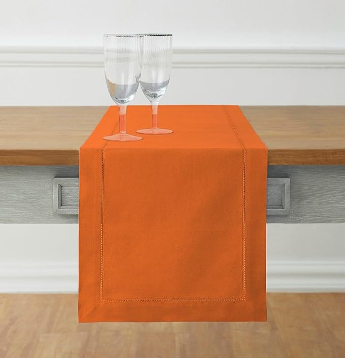 Solino Home Cotton Linen Pumpkin Table Runner 72 Inches Long - Hemstitch Table Runner 14 x 72 Inch for Dresser, Dining, Fall, Autumn, Halloween