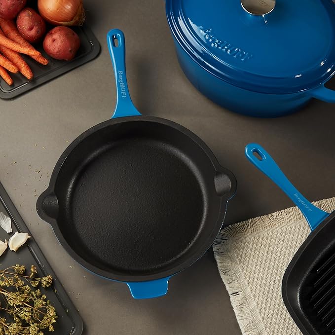 BergHOFF 10Pc Neo Enameled Cast Iron Cookware Set, Matching Lid, Oven Safe Up To 400°F, Blue
