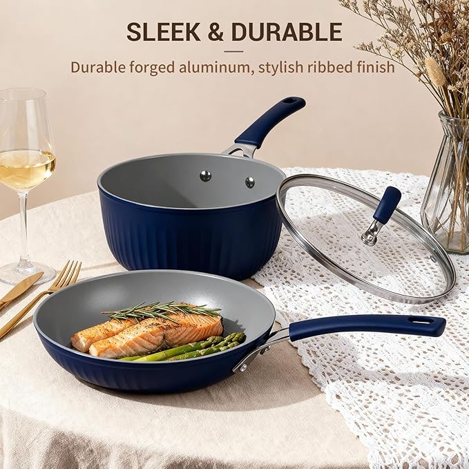 Ammeloo 15-Piece Ribbed Ceramic Cookware Set, Pots and Pans Set Non Stick, Induction Ready, Healthy Non Toxic Kitchen Cooking Set PFAS/PFOA/PTFE-Free, Silicone-wrapped Stay-Cool Handle