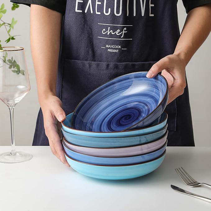KitchenTour Ceramic Pasta Bowls - Large Salad Bowls Porcelain Serving Bowl Set 26 Ounce - 8 Inch Soup Bowl - Dishwasher and Microwave Safe - Set of 6, Assorted Cool Colors