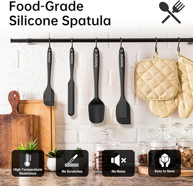 Barsone 4-Piece Silicone Spatula Set（ Heat Resistant 446°F Food Grade BPA Free, Nonstick Cookware Safe Dishwasher Safe Kitchen Tools for Baking, Cooking, Stirring, Black）