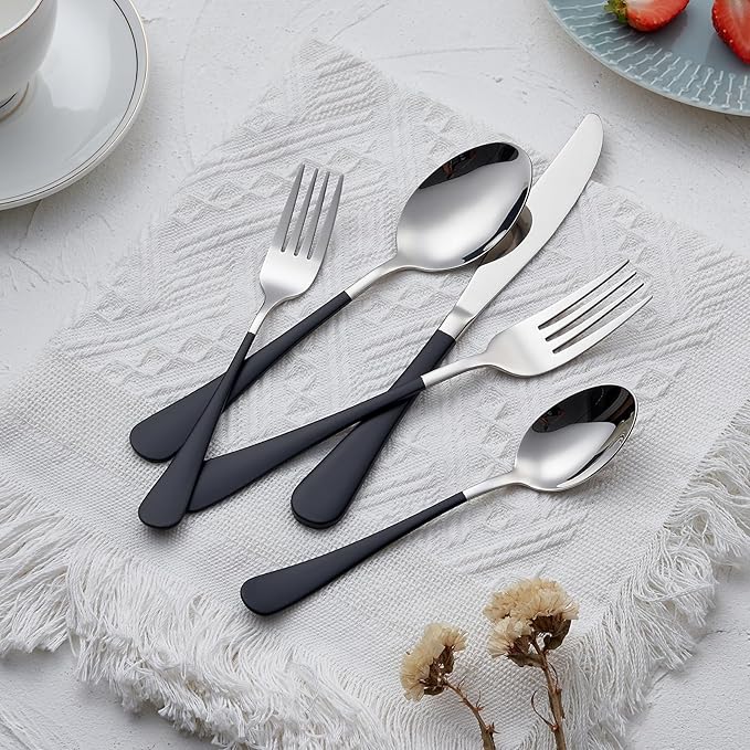 Black Silverware Set 20 Piece 18/0 Stainless Steel Flatware Black Handle Cutlery Set Service for 4 Black Forks Spoons and Knives Set unique silverware set Mirror Finish Dishwasher Safe