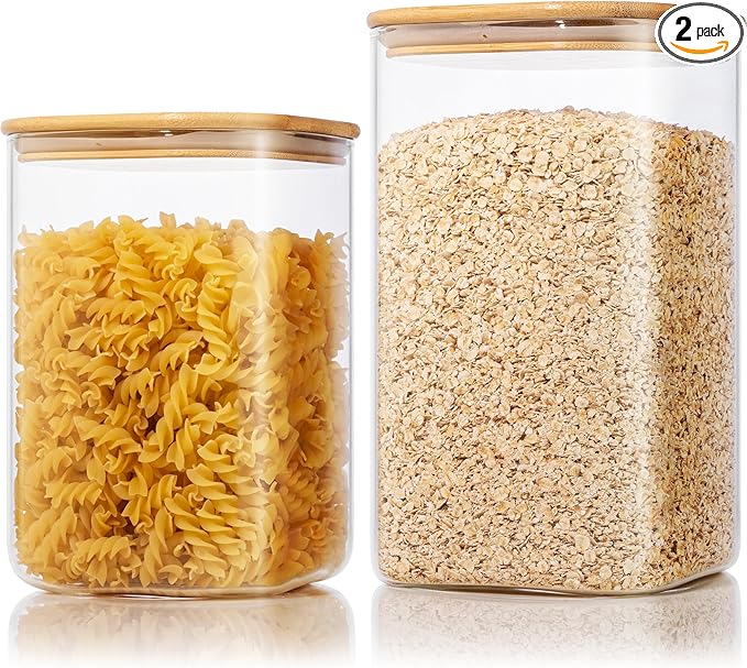 Extra Large Square Glass Flour & Sugar Storage Containers with Airtight Lids, 168oz & 84oz - 2 Pack Glass Jars with Bamboo Lids, Air tight Pantry Food Storage Containers for Cereal, Pasta, Rice