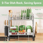 BOOSINY 2 Tier Stainless Steel Dish Drying Rack for Kitchen Counter, Large Dish Dryer Rack for Saving Space, Dish Drainers with Cup Holder & Utensil Holders, Silver