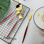 JASHII Flatware Serving Set 24 Piece, Stainless Steel Silverware Set, Red Gold Cutlery Set, Modern Elegant Tableware Set for Party, Christmas, Dinner (Red Gold)