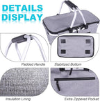 Picnic Basket, SIYUAN Collapsible Shopping Basket Insulated with 2 Handles 27L Large Cooler with Lid Portable Folding Grocery Market Tote Bag, Grey