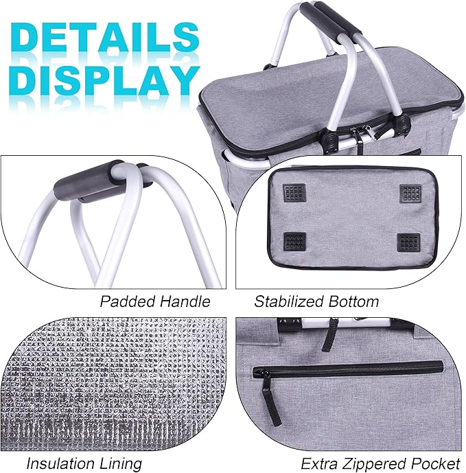 Picnic Basket, SIYUAN Collapsible Shopping Basket Insulated with 2 Handles 27L Large Cooler with Lid Portable Folding Grocery Market Tote Bag, Grey