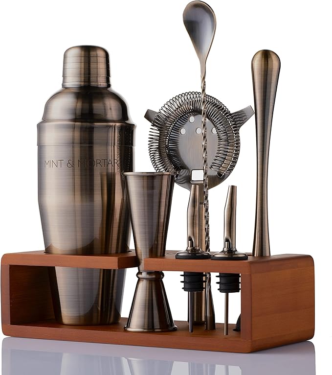 Mint & Mortar Cocktail Shaker Set, 7-Piece Bartender Kit with Stand, 24oz Martini Shaker Bottle Stainless Steel Bar Tools, Home Bar Accessories Drink Mixer, Barware Gift Set - Brushed Gold